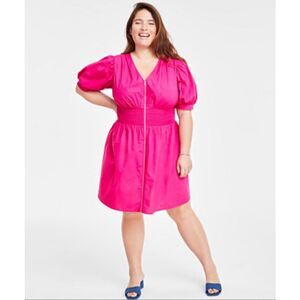 ON 34th Pink Cotton Zip Front Short Sleeve Dress Womens XL Puff Sleeve career